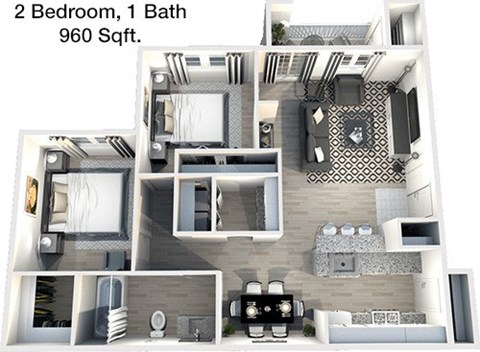 A 2 bedroom, 1 bathroom apartment is 960 square feet.